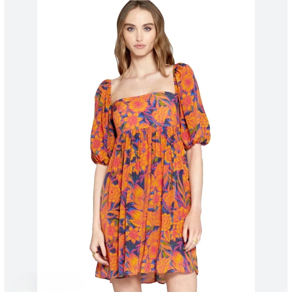 Gilner Farrar Dane Dress Tropical Beach Floral Puff Sleeve Mini Size M